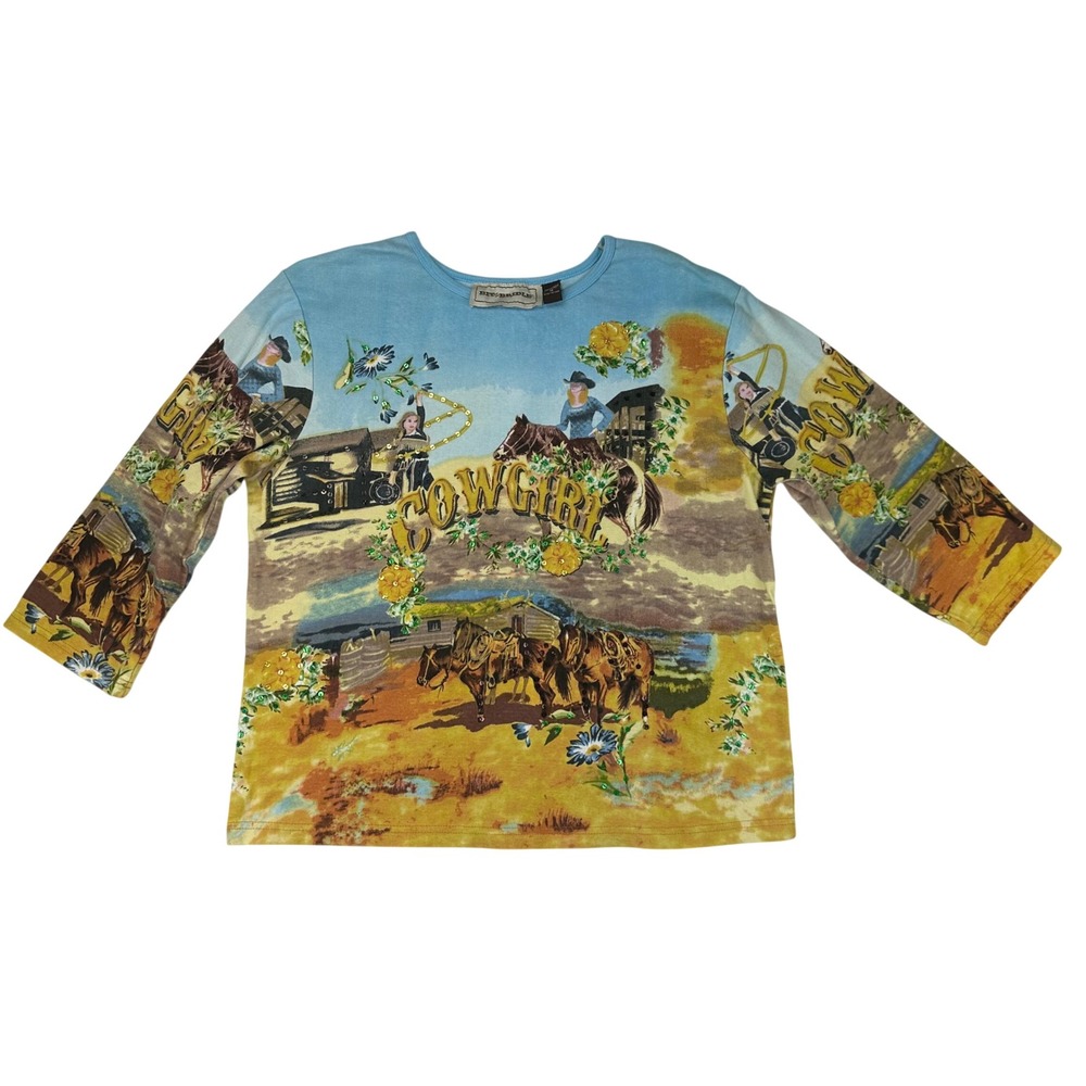 Bit & Bridle Cowgirl Graphic Long‎ Sleeve Shirt 1X Western Horse Rodeo Sequins